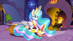 Size: 1600x900 | Tagged: safe, artist:jay-shep, princess celestia, alicorn, pony, fire, fireplace, levitation, magic, paper, prone, quill, smiling, solo, telekinesis