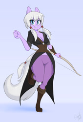 Size: 1175x1725 | Tagged: safe, artist:skecchiart, oc, oc only, anthro, earth pony, plantigrade anthro, anthro oc, bow (weapon), cleavage, clothes, commission, female, looking at you, mare, smiling, solo, wide hips