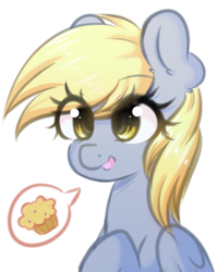 Size: 2190x2758 | Tagged: safe, artist:fluffymaiden, derpy hooves, pegasus, pony, bust, cute, derpabetes, female, food, mare, muffin, pictogram, simple background, smiling, solo, speech bubble, white background