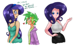 Size: 1600x1000 | Tagged: safe, artist:underwaterteaparty, rarity, spike, oc, oc:iris, human, breasts, cleavage, clothes, dress, female, heart, humanized, male, shipping, sparity, straight