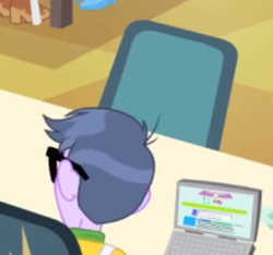 Size: 337x316 | Tagged: safe, screencap, applejack, microchips, pinkie pie, equestria girls, pinkie on the one, rainbow rocks, 4chan, background human, cafeteria, chair, computer, glasses, it begins, it's happening, laptop computer, reference, sitting, solo, table, they know