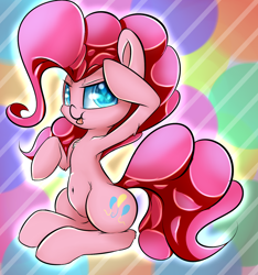 Size: 1280x1365 | Tagged: safe, artist:madacon, pinkie pie, earth pony, pony, armpits, belly button, salute, sitting, solo, tongue out