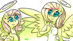 Size: 2560x1440 | Tagged: safe, artist:wolfy-pony, fluttershy, angel, anthro, anthro ponidox, fluttershy the angel, halo, solo