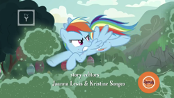 Size: 1334x750 | Tagged: safe, derpibooru import, screencap, rainbow dash, fly-der, pegasus, pony, campfire tales, discovery family logo, fly-der bite, flying, grin, kicking, smiling, solo, tv rating, tv-y