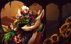 Size: 7536x4662 | Tagged: safe, artist:alumx, princess celestia, alicorn, pony, absurd resolution, bedroom eyes, detailed, floppy ears, flower, flower in hair, leaf, plant, smiling, solo, sunflower, surreal