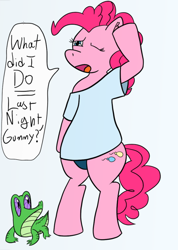 Size: 754x1059 | Tagged: safe, artist:leapingriver, artist:letterbomb, derpibooru exclusive, gummy, pinkie pie, earth pony, pony, adorasexy, bipedal, blue background, clothes, cute, ear fluff, female, gummy doesn't give a fuck, hangover, head rub, headache, lidded eyes, one eye closed, open mouth, oversized clothes, oversized shirt, panties, plump, sexy, shirt, simple background, sleepy, sleepy pie, solo, speech bubble, standing, thick, underwear, wide hips