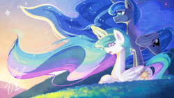 Size: 900x506 | Tagged: safe, artist:erica693992, princess celestia, princess luna, alicorn, pony, dawn, long mane, magic, prone, raising the sun, twilight (astronomy)