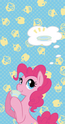 Size: 2659x5042 | Tagged: safe, artist:yuzhou, pinkie pie, earth pony, pony, drinking, pixiv, saucer, solo, teacup, thought bubble