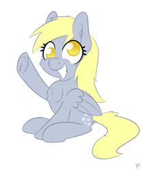 Size: 1500x1800 | Tagged: safe, artist:yakoshi, derpy hooves, pony, cheek fluff, chest fluff, ear fluff, simple background, smiling, solo, waving, white background