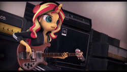 Size: 9600x5400 | Tagged: safe, artist:imafutureguitarhero, sunset shimmer, anthro, plantigrade anthro, unicorn, equestria girls, 3d, absurd file size, absurd resolution, adidas, amplifier, bass guitar, black bars, chromatic aberration, clothes, colored pupils, female, film grain, freckles, guitar, headphones, jacket, mare, microphone, microphone stand, musical instrument, nose wrinkle, open mouth, pants, playing instrument, rickenbacker, signature, solo, source filmmaker, speaker, studio, tracksuit