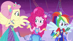 Size: 1920x1080 | Tagged: safe, derpibooru import, screencap, fluttershy, pinkie pie, rainbow dash, better together, equestria girls, rollercoaster of friendship, ponied up, shrug, super ponied up