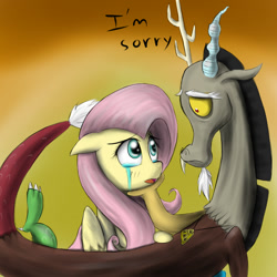 Size: 1000x1000 | Tagged: safe, artist:sticky-plaster, discord, fluttershy, draconequus, pegasus, pony, crying, female, male, mare