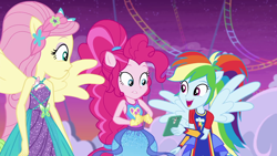 Size: 1920x1080 | Tagged: safe, derpibooru import, screencap, fluttershy, pinkie pie, rainbow dash, better together, equestria girls, rollercoaster of friendship, ponied up, sleeveless, super ponied up