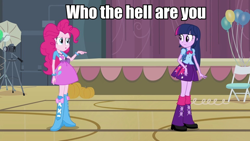 Size: 960x540 | Tagged: safe, derpibooru import, pinkie pie, twilight sparkle, equestria girls, balloon, caption