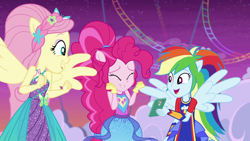 Size: 1920x1080 | Tagged: safe, derpibooru import, screencap, fluttershy, pinkie pie, rainbow dash, better together, equestria girls, rollercoaster of friendship, ponied up, sleeveless, super ponied up