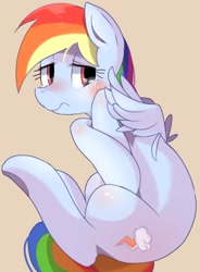 Size: 698x949 | Tagged: safe, artist:kora, derpibooru import, rainbow dash, pegasus, pony, crying, curled up, looking back, sad, solo