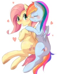 Size: 663x840 | Tagged: safe, artist:kora, derpibooru import, fluttershy, rainbow dash, pegasus, pony, backwards cutie mark, blushing, female, flutterdash, heart, lesbian, shipping