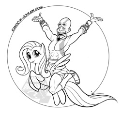 Size: 845x811 | Tagged: artist needed, source needed, safe, fluttershy, human, crossover, god of war, kratos, monochrome, riding