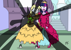 Size: 2893x2039 | Tagged: safe, artist:pony4koma, derpy hooves, twilight sparkle, equestria girls, my little pony: the movie, canterlot, clothes, converse, crown, dark magic, derpy's sacrifice, dress, duo, epic derpy, equestria girls interpretation, female, hat, hero, heroic sacrifice, horrified, jewelry, magic, medieval, muffin, obsidian orb, party hat, regalia, scene interpretation, self sacrifice, shocked, shoes, sneakers, this will end in petrification