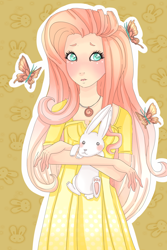 Size: 1400x2100 | Tagged: safe, artist:coralpinkflorescent, fluttershy, human, abstract background, female, humanized, solo