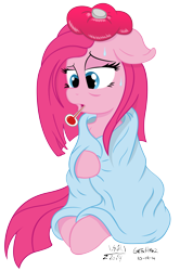 Size: 3084x4632 | Tagged: safe, artist:cyanyeh, artist:gretsch1962, pinkie pie, earth pony, pony, blanket, cute, cuteamena, diapinkes, pinkamena diane pie, sick, simple background, sitting, solo, thermometer, transparent background