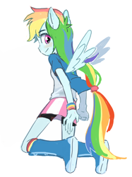 Size: 554x740 | Tagged: safe, artist:baekgup, derpibooru import, rainbow dash, equestria girls, clothes, kneeling, looking at you, looking back, ponied up, pony ears, simple background, skirt, smiling, solo, white background, wings