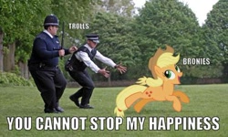 Size: 660x397 | Tagged: safe, artist:normanb88, applejack, earth pony, human, pony, artifact, caption, chase, crossover, danny butterman, fuck the police, hot fuzz, image macro, irl, irl human, meme, metaphor, needs more jpeg, nicholas angel, nick frost, open mouth, photo, police, ponies in real life, reaction image, running, simon pegg, smiling, vector