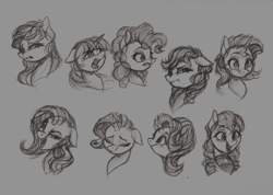 Size: 2353x1672 | Tagged: safe, artist:vanillaghosties, coloratura, pinkie pie, rarity, starlight glimmer, twilight sparkle, earth pony, pony, unicorn, bust, female, lineart, mare, monochrome, simple background, sketch, smiling, traditional art