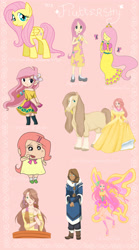 Size: 3000x5400 | Tagged: safe, artist:looji, fluttershy, human, ace attorney, adventure time, avatar the last airbender, clothes, crayon shin-chan, disney, disney style, dress, humanized, phoenix wright, professor layton, shin-chan, style emulation, the legend of zelda, the legend of zelda: the wind waker, winx club, winxified