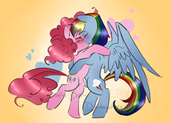 Size: 1142x824 | Tagged: safe, artist:dippin-dott, artist:drawbauchery, derpibooru import, pinkie pie, rainbow dash, earth pony, pegasus, pony, blushing, eyes closed, female, heart, kissing, lesbian, mare, pinkiedash, shipping