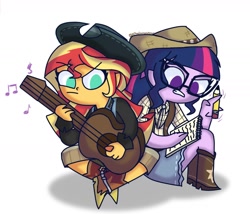 Size: 1728x1478 | Tagged: safe, artist:psychodiamondstar, sci-twi, sunset shimmer, twilight sparkle, equestria girls, boots, clothes, cowboy boots, cowboy hat, cowgirl, female, glasses, guitar, hat, shoes, simple background, stetson, writing