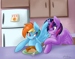 Size: 4120x3211 | Tagged: safe, artist:ambris, derpibooru import, rainbow dash, twilight sparkle, twilight sparkle (alicorn), alicorn, pegasus, pony, colored pupils, female, fork, lesbian, mare, pancakes, refrigerator, shipping, twidash, wings