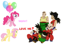 Size: 787x581 | Tagged: safe, fluttershy, pinkie pie, earth pony, pegasus, pony, andrea libman, chiaotzu, dragon ball, goku, kakarotpie, krillin, tien shinhan, voice actor joke, yamcha