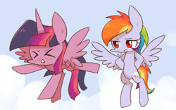 Size: 1600x1000 | Tagged: safe, artist:joycall6, derpibooru import, rainbow dash, twilight sparkle, twilight sparkle (alicorn), alicorn, pegasus, pony, ><, blushing, eyes closed, female, mare, sigh