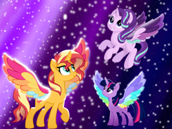 Size: 1600x1200 | Tagged: safe, artist:n0kkun, artist:orin331, artist:pink1ejack, starlight glimmer, sunset shimmer, twilight sparkle, twilight sparkle (alicorn), alicorn, pony, rainbow roadtrip, alicornified, colored wings, female, mare, multicolored wings, race swap, rainbow wings, shimmercorn, space, spread wings, starlicorn, stars, vector, wing bling, wings, xk-class end-of-the-world scenario