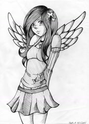 Size: 1024x1425 | Tagged: safe, artist:akaneayoshinari, fluttershy, human, clothes, grayscale, humanized, midriff, monochrome, skirt, solo, tanktop, winged humanization