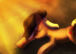 Size: 3507x2480 | Tagged: safe, artist:porkchopsammie, applejack, earth pony, pony, crepuscular rays, sleeping, solo