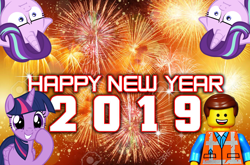 Size: 1300x860 | Tagged: safe, artist:cartoonmasterv3, starlight glimmer, twilight sparkle, twilight sparkle (alicorn), alicorn, pony, unicorn, 2019, crossover, emmet brickowski, happy new year, holiday, lego, new year, obligatory pony, the lego movie