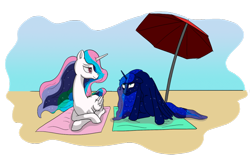 Size: 900x576 | Tagged: safe, artist:alloco, princess celestia, princess luna, alicorn, pony, beach, umbrella