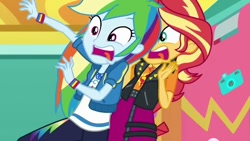 Size: 811x456 | Tagged: safe, derpibooru import, screencap, rainbow dash, sunset shimmer, better together, equestria girls, rollercoaster of friendship, female, geode of empathy, geode of super speed, magical geodes