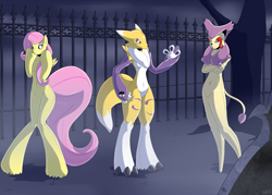 Size: 2100x1500 | Tagged: safe, artist:helixjack, fluttershy, oc, anthro, human, arm hooves, belly button, clothes, commission, cosplay, costume, crossover, delcatty, digimon, encasement, halloween, latex, pokémon, renamon, rubber