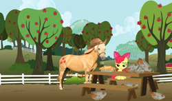 Size: 700x411 | Tagged: safe, apple bloom, applejack, earth pony, horse, pony, apple bloom is not amused, apple pie, hoers, irl horse, live action applejack, pie, pie tin, vector, wat