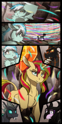 Size: 898x1799 | Tagged: safe, artist:inuhoshi-to-darkpen, artist:parclytaxel, starlight glimmer, sunset shimmer, oc, oc:blackfyre, oc:puzzle piece, oc:strumming heartstrings, changeling, dragon, pony, unicorn, fanfic:northern venture, amputee, armor, changeling oc, fanfic art, feathered fetlocks, female, floppy ears, male, mare, missing limb, scared