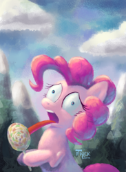 Size: 720x984 | Tagged: safe, artist:1trick, pinkie pie, earth pony, pony, candy, lollipop, solo, stuck