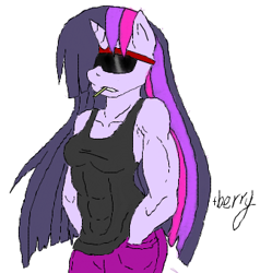Size: 324x341 | Tagged: safe, artist:kaidee-ru, derpibooru import, twilight sparkle, anthro, abs, muscles, solo, twilight muscle