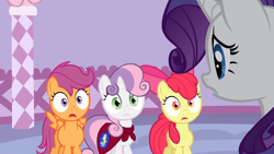 Size: 1366x768 | Tagged: safe, screencap, apple bloom, rarity, scootaloo, sweetie belle, pony, unicorn, stare master, cape, clothes, cutie mark crusaders