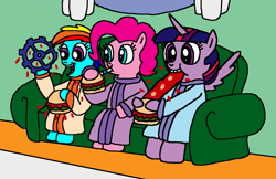 Size: 1700x1100 | Tagged: safe, artist:blackrhinoranger, derpibooru import, pinkie pie, rainbow dash, twilight sparkle, twilight sparkle (alicorn), alicorn, earth pony, pegasus, pony, burger, clothes, eating, ed edd n eddy, food, hoof hold, kanker burger, nagged to ed, pink twi n dashie, robe, sitting, sofa, straw, that pony sure does love burgers, twilight burgkle, wheel