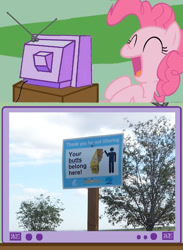 Size: 563x770 | Tagged: safe, pinkie pie, earth pony, pony, female, mare, meme, obligatory pony, pink coat, pink mane, sign