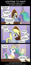 Size: 960x2000 | Tagged: safe, artist:terminuslucis, derpy hooves, princess celestia, alicorn, pegasus, pony, comic:adapting to night, comic:adapting to night: the hooves twins, comic, glowing horn, horn, magic, paper, telekinesis