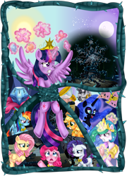 Size: 3283x4550 | Tagged: safe, artist:lucy-tan, applejack, discord, fluttershy, nightmare moon, pinkie pie, princess celestia, princess luna, rainbow dash, rarity, twilight sparkle, twilight sparkle (alicorn), zecora, alicorn, earth pony, pegasus, pony, unicorn, zebra, princess twilight sparkle (episode), black vine, female, mare, seeds, tree of harmony